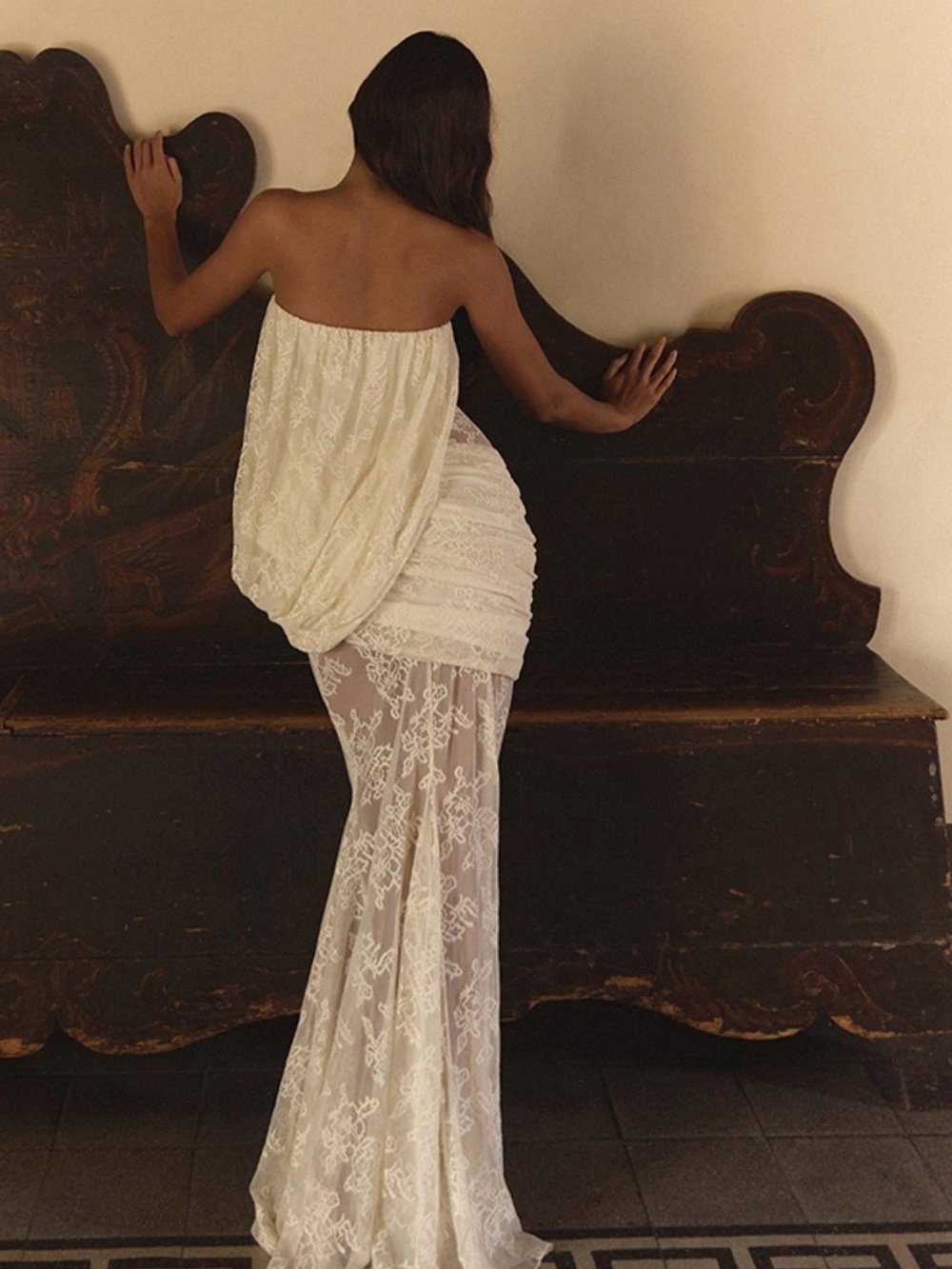 PLT LABEL CREAM LACE ASYMMETRICAL DRAPE GODET FISHTAIL BANDEAU MAXI DRESS - Picture 2 of 3